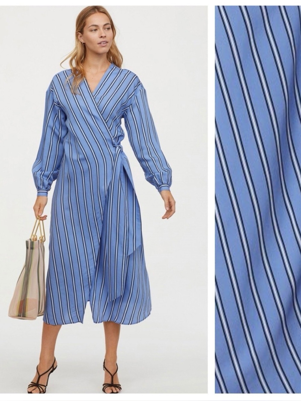 H&M Blue‎ Striped Wrap-over Front  V Neck Long Sleeve Dress Size 8